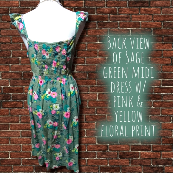 Sage Green Midi Dress w/Pink & Yellow Floral Print - Picture 7 of 8